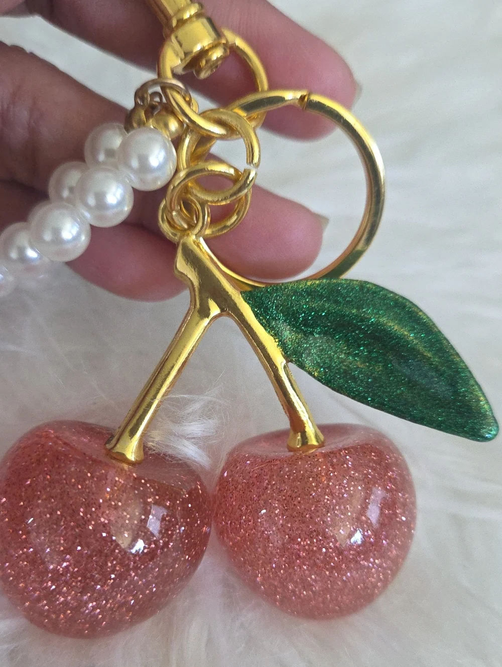 Gold Pearl Cherry Keychain Bag Charm - Pink Cherries